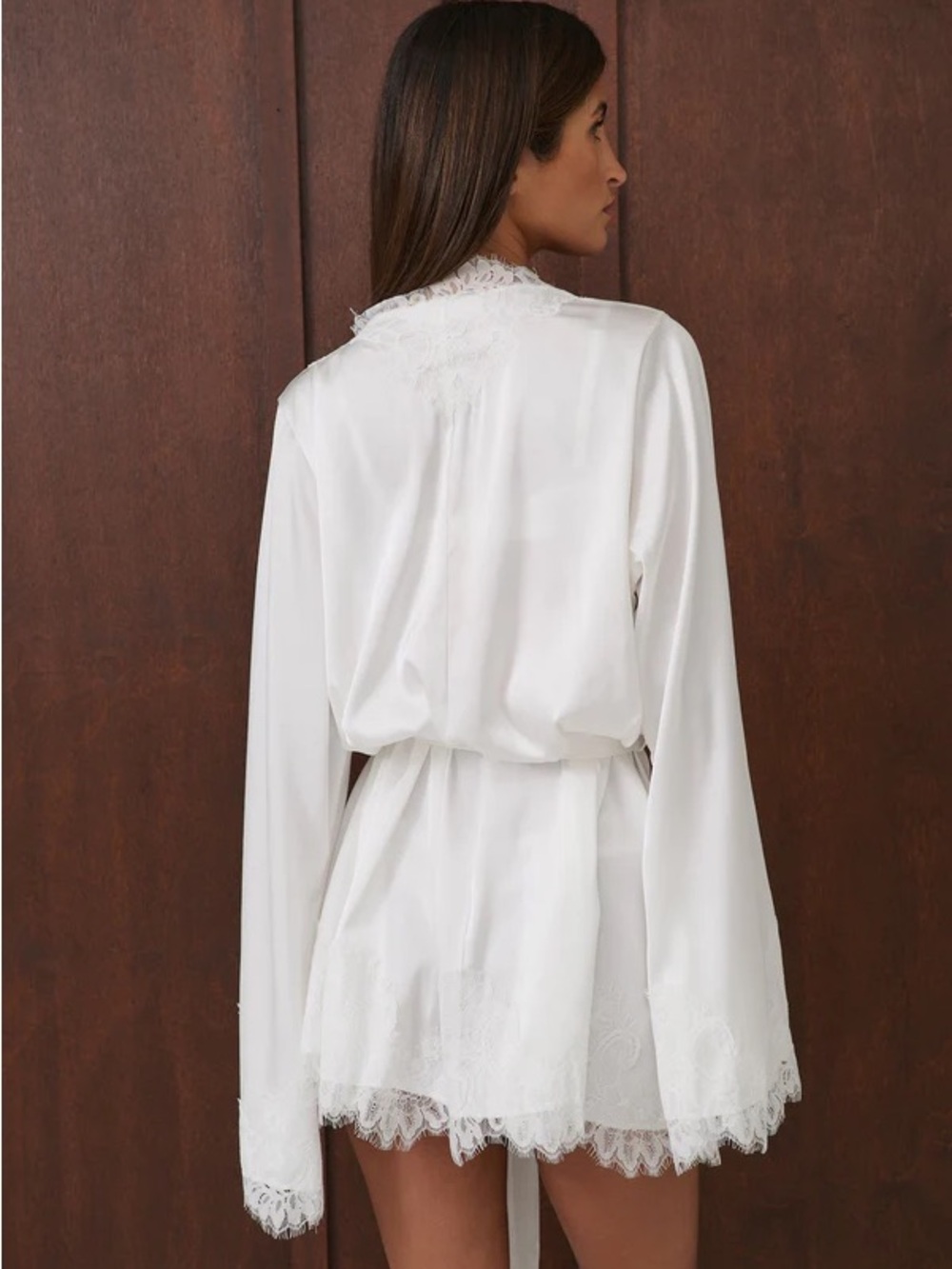 Lace-Trim Satin Wrap Robe in White - Women Intimates & Sleepwear - Picture 2 of 4